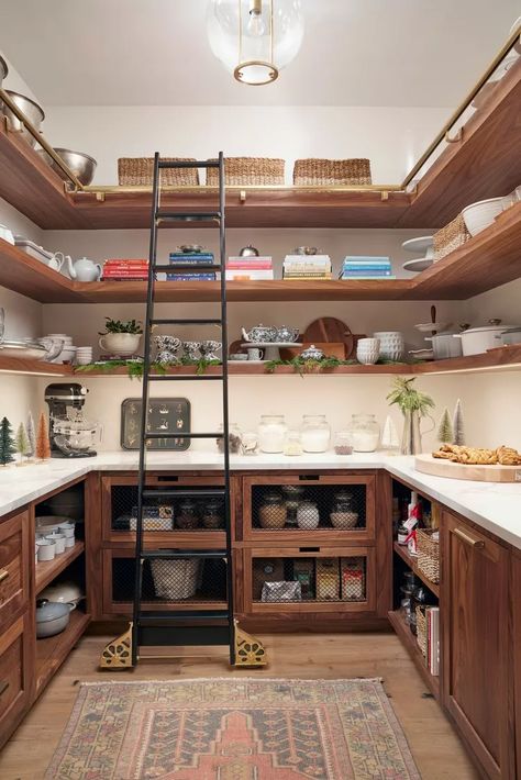 Butler Pantry Ideas, Butler Kitchen, Butlers Pantry Ideas, Food Storage Shelves, Rolling Ladder, Cookware Storage, Built In Hutch, Loft Kitchen, Messy Kitchen