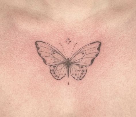 Majestic Butterfly Tattoo, Light Butterfly Tattoo, Lil Piercings, Creative Butterfly Tattoo, Heart Butterfly Tattoo, Butterfly Tattoo Fine Line, Divine Tattoos, Soft Tattoo, Whimsical Tattoos