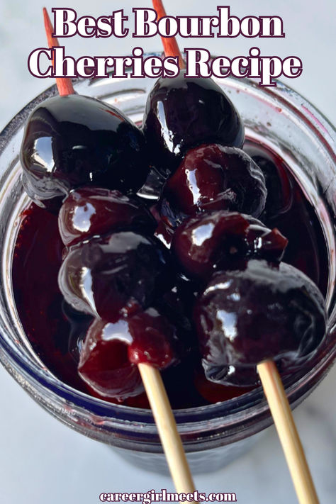 This old-fashioned bourbon cherries recipe is incredibly delicious! You can use frozen cherries for this easy dessert recipe. The step-by-step guide will show you how to soak the cherries in bourbon and then can them. These canned cherries make great Christmas, holiday, birthday, and any occasion gifts. They accompany any cocktail or ice cream dessert. These boozy cherries make a delicious sauce for dessert, just like cherry pie. 

// thanksgiving // holiday recipes // bourbon // Bourbon Soaked Cherries, Bourbon Infused Cherries, Liquor Soaked Cherries, Alcohol Infused Cherries, Homemade Cocktail Cherries, Cocktail Cherry Recipe, Sour Cherry Liqueur Recipe, Thanksgiving Old Fashioned, Cherry Whiskey Cocktail