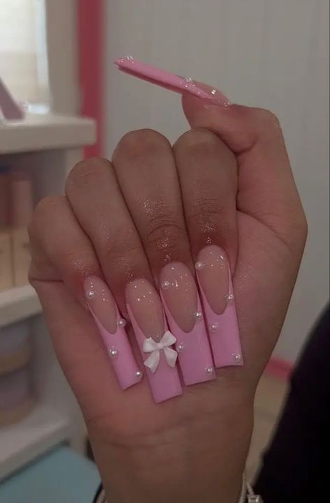 Acrylics With Bows, Pink Nails With Bow Charm, Baby Pink Nails With Bow, Pink Baby Shower Nail Ideas, Nails With Bows On Them, Valentines Nails Long, Pink Bottom Nails, Baby Pink Nails Design, Girly Nails Acrylic