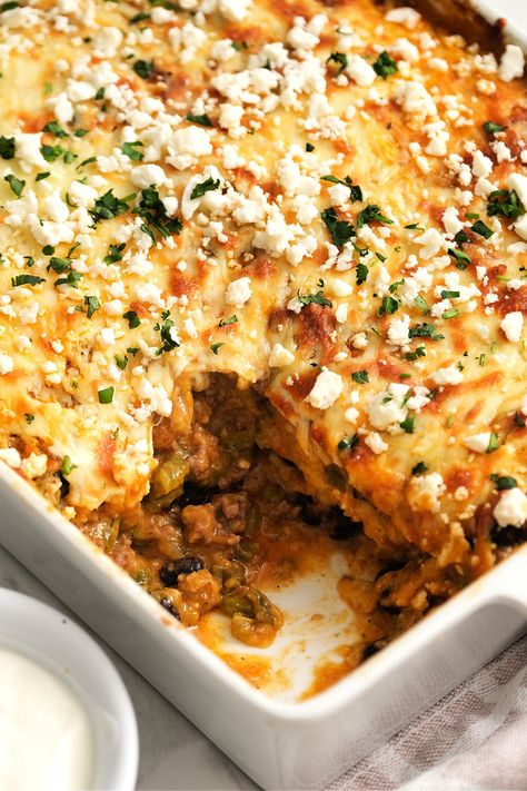 King Ranch Beef Casserole - Reluctant Entertainer King Ranch Casserole, Casserole With Ground Beef, Ranch Casserole, Tomatillo Sauce, Hearty Casseroles, Beef Casserole Recipes, Ground Beef Casserole, King Ranch, Tender Beef