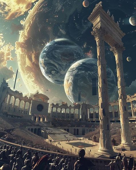 Colloseum Fantasy Art, Advanced Civilization Concept Art, Alien Planet City, Futuristic Alien City, Alien City, Unique Shots, Fantasy Imagination, Alien City Landscapes, Dystopian Art