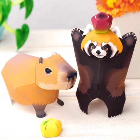 PAPERMAU: Red Panda And Capybara Miniature Paper Toys - by Ayumu Saito & Craft Pocket Fluffy Rabbit, Paper Toy, Digital Patterns, Paper Animals, 3d Paper Crafts, Animal Companions, Red Panda, Barn Owl, Paper Cutout