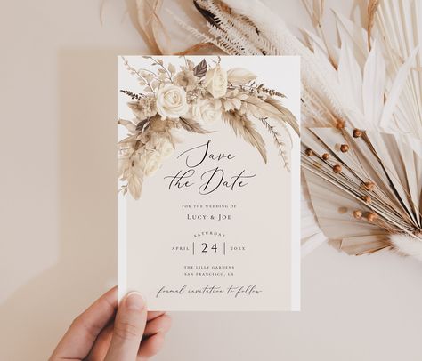 ♥ Boho Save the Date Card - Boho Floral Save the Date Template - Pampas Grass Wedding ♥ Celebrate your love in bohemian style with my Boho Chic Save the Date Card template! This dreamy and artistic design captures the essence of a free-spirited celebration, perfect for couples who embrace individuality and creativity. ♥ BUY MY BOHO WEDDING BUNDLE: https://etsy.me/49KkRyE ♥ IMPORTANT INFO: ✅ Editing on PC/laptop recommended!  ✅ Digital item - you edit and print yourself! ✅ Make sure your email ad Neutral Wedding Invites, Boda Boho Chic, Floral Save The Date Template, Chic Save The Date, Save The Date Boho, Wedding Invitations Digital, Save The Date Wedding Invitations, Boho Chic Wedding Invitations, Boho Wedding Invitations