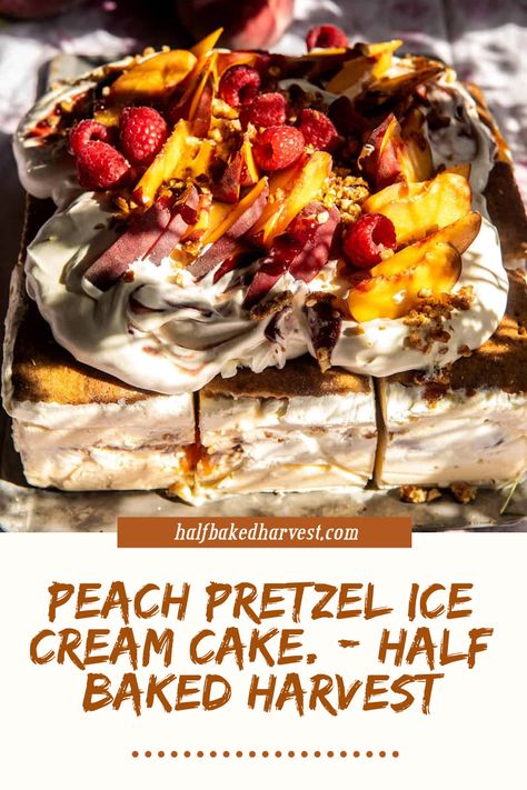 image Recipe: Peach Pretzel Ice Cream Cake: Creamy, peachy, and requires very little effort...If there's one summer ice cream cake to make, it's this one! Peach Pretzel Ice Cream Cake, Half Baked Harvest Peach, Pretzel Ice Cream Cake, Half Baked Harvest Ice Cream Cake, Peaches N Cream Cake, Half Baked Harvest Easy Strawberry Ice Cream Cake, Fruity Pebbles Ice Cream Cake, Pretzel Ice Cream, Peach Ice Cream