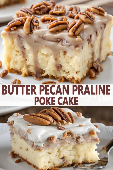 Cajun Desserts, Butter Pecan Praline Poke Cake, Pecan Praline Poke Cake, Praline Poke Cake, Pecan Praline Cake, Praline Cake, Easy Christmas Cake Recipe, Praline Recipe, Butter Pecan Cake