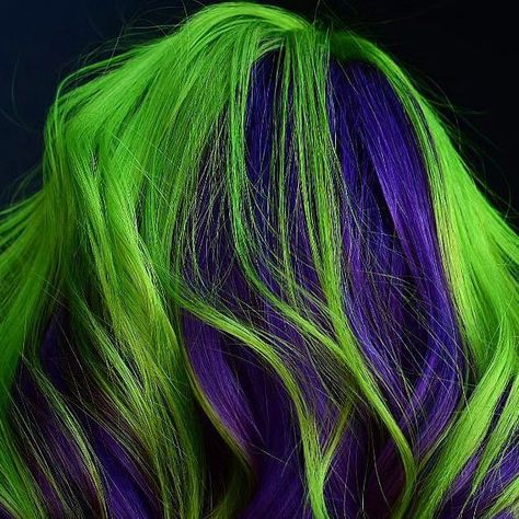 Pulp Riot Hair Color on Instagram: "#PulpRiotEducator @prestontheartist (she/her) is the artist 🦚 #PulpRiot is the paint. 🧪 Formula breakdown: - Lifted with BlondeAF - Green: Acid Spill + Satire - Purple: Iced Skater + Mystic Fog + Velvet Image description: The back view of a person's hair. They are standing in front of a black backdrop with a white and cream top. Their hair is colored in block sections of rich deep violet and bright neon green." Purple And Lime Green Hair, Purple And Green Hair, Pulp Riot Hair Color, Dark Purple Hair, Pulp Riot Hair, Neon Hair, Pulp Riot, Black Backdrop, Black Backdrops