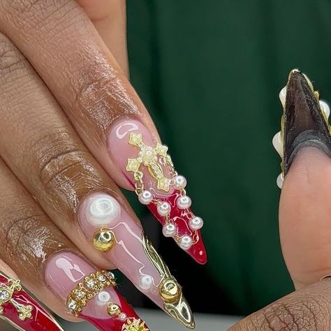 Chris Brown Nail Designs, Jean Paul Gaultier Nails, Brown Inspired Nails, Brown Airbrush Nails, Red Maximalist Nails, Chris Brown Tour, Ongles Design, Nail Cam, Spring Acrylic Nails