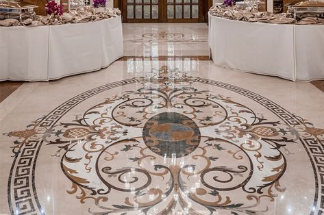 Le Chateau Palace is an interior decoration project undertaken by PFM in 2015. From the design stage, the customers goal was to meet and exceed the expectations of an exclusive and royal clientele. The future room was the entrance to the palace. Our use of 8 large water jet marble flooring tile in the entirety hall was breathtaking. Along with a number of semi-precious stones, including a royal favorite “The Blue Lapis Stone”, gives the hall a majestic and exquisite look. Water Jet Marble Design, Waterjet Marble Medallion, Water Jet Marble, Tile Rugs, Marble Medallion, Marble Flooring Design, Design Stage, Flooring Design, Future Room