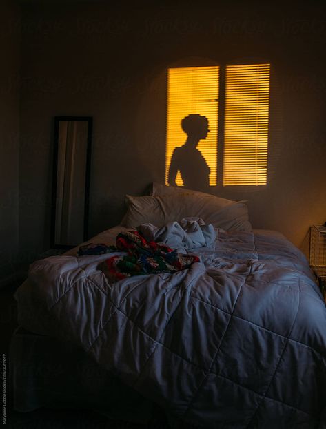 Concept image of a woman's shadow alone in a bedroom with unmade bed. Bedroom Photography Ideas, Bed From Above, Lovers Bedroom, Lucky Daye, Unmade Bed, Dance Film, Bedroom Photography, Monochromatic Room, Artist Bedroom