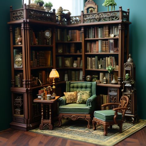 miniature scale green themed library, wooden furniture, victorian style Miniature Library Room, Miniature Victorian House, Victorian Bookshelves, Victorian Shelving, Library Miniature, Victorian Miniatures, Victorian Shelf, Victorian Dollhouse Furniture, Victorian Library