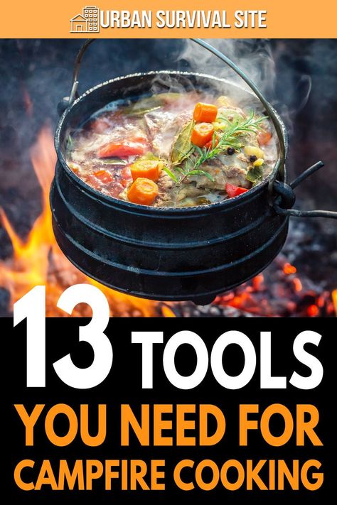 If you want to cook food over the campfire, there are certain tools and utensils you'll need to have on hand. Cooking Over Fire, Outdoor Meals, Campfire Desserts, Open Fire Cooking, Cooking Kit, Dutch Oven Cooking, Dutch Oven Recipes, Campfire Food, Fire Cooking