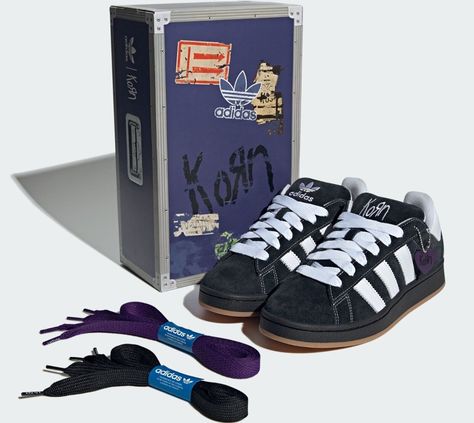 Korn adidas Originals Campus 00s Black/White Gum IG0792 Men's Shoes Sneaker Description Celebrating the band's 30th anniversary and a return to their roots, Korn and adidas have teamed up to create a new line of shoes that celebrate the band's 30th anniversary. adidas' Supermodified shoes, which were released around the same time Korn made their debut and shocked the world, are now the pinnacle of "metal" footwear this season. The model Korn once wore on stage is now available in a special collaboration with the band. The full leather upper, with the "Life Is Peachy" album cover graphic printed on the sockliner and echoing on the outsole, hides a surprising design. Finally, a guitar-pick shaped tag is attached to the shoe as a sign of collaboration with the band. All my products are 100% A Korn Shoe, Nu Metal Fashion Men, Adidas Campus 00s Outfit Men, Korn Campus, Korn Adidas, Life Is Peachy, Emo Shoes, Silly Clothes, Adidas Originals Shoes