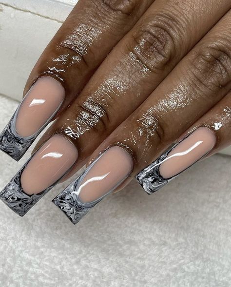 Black And White Marble French Tip Nails, Marble French Tip Nails Short, Black Marble French Tip Nails, Black And Gray Marble Nails, Dark Green French Tip Nails Square, Marble French Tip Acrylic Nails, White And Black Marble Nails, Marble Nails Black And White, Black Nails Medium