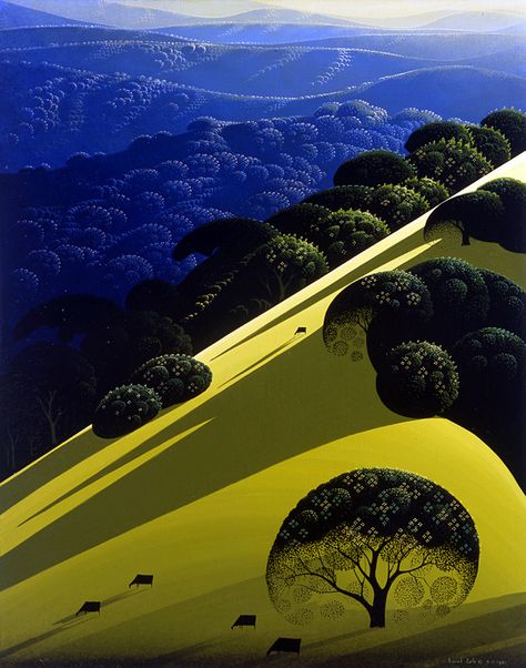 Blue Mountain Fields Eyvind Earle, Magic Realism, Paintings I Love, Environment Concept Art, Blue Mountain, 귀여운 동물, American Artists, Beautiful Artwork, Art Works