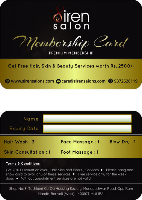 Siren Salon - Borivali West Membership card Hair skin and beauty salon in mumbai upto 70% off on all hair skin and beauty services, free services with membership card Salon Membership Card Design, Membership Card Design, Small Salon, Hair Salon Marketing, Mini Mart, Date Hairstyles, Hair Salon Decor, Baba Image, Welcome Card