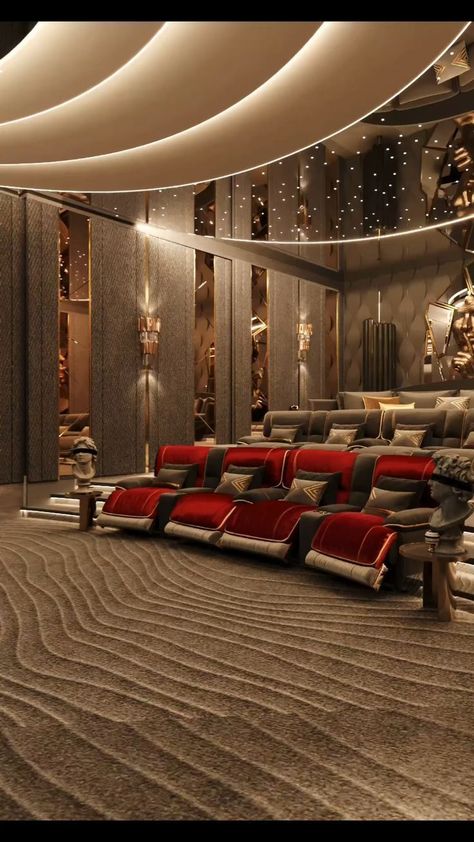 Sleek furniture, neutral palettes, and modern art. Cinema Room Design, Home Cinema Design, Home Theater Room Design, Luxury Mansions Interior, Theater Room Design, Cinema Design, Home Cinema Room, At Home Movie Theater, Luxury House Interior Design