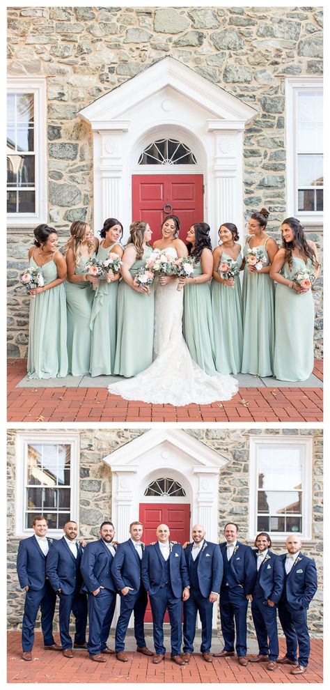 Sage Green Bridesmaid Dresses Flowers, Safe Green And Navy Wedding, Seaglass Bridesmaid Dresses With Groomsmen, Light Green Bridesmaid Dresses With Groomsmen, Navy And Light Green Wedding, Sage Green Navy Blue Champagne Wedding, Light Sage Bridesmaid Dresses, Sage Green Bridesmaid Dresses With Navy Groomsmen Suits, Shades Of Green Wedding Party