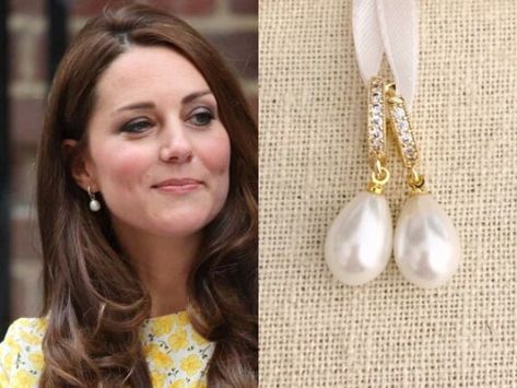 These beautiful pearl earrings are inspired by the Duchess of Cambridge gold plated brass huggie hoop earrings for pierced ears with pave set cz crystals large white glass pearl teardrops- 18x10mm 1 inch in length They are very lightweight and comfortable to wear Luxury Gold Plated Teardrop Pearl Earrings, Red Cross Necklace, Kate Middleton Earrings, Kate Middleton Jewelry, Pearl Teardrop Earrings, Formal Jewelry, Pearl And Diamond Necklace, Pearl And Diamond Earrings, Diamond Quartz