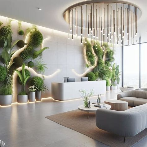 Light and bright reception office with sculptural lighting and faux plant wall design - Image Creator from Microsoft Bing Luxury Office Reception Design, Plant Wall Office, Plant Wall Design, Faux Plant Wall, Dreamy Office, Japanese Style Interior Design, Reception Ceiling, Office Design Concepts, Minimalist Reception