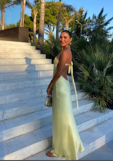 Albanian Wedding Dress Guest, Yellow Silk Dress Aesthetic, Zara Yellow Party Dress, Dresses Poses, Low Back Satin Maxi Dress Yellow, Navidad Outfit, Emrata Yellow Dress, Satin Long Prom Dress, Monaco Dress