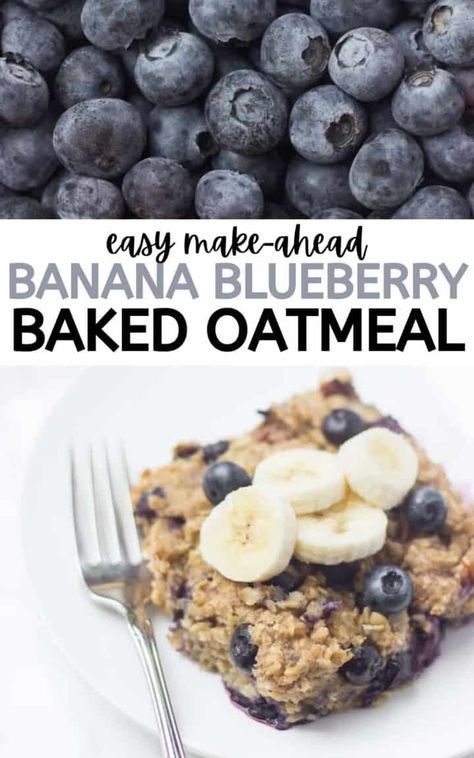 This Banana Blueberry Baked Oatmeal is a healthy make-ahead breakfast to enjoy all week long! And it only takes about 30 minutes from start to finish. Baked Oatmeal With Fruit, Banana Blueberry Baked Oatmeal, Banana Blueberry Oatmeal Bake, Blueberry And Banana Recipes, Blueberry Oatmeal Recipes, Baked Banana Oatmeal, Baking With Yogurt, Blueberry Oatmeal Cookies, Blueberry Baked Oatmeal