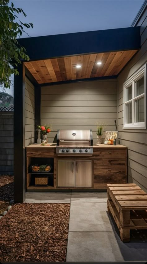 Small Outdoor Kitchen On Deck, Patio Bbq Area Grill Station, Deck Cooking Area Ideas, Back Porch Bbq Area, Diy Backyard Bbq Area, Covered Outdoor Cooking Area, Simple Backyard Kitchen Ideas, Enclosed Grilling Area, Diy Outdoor Kitchen Rustic