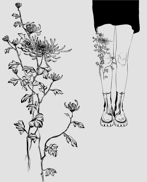 Flower Anatomy Drawing, Flower Collage Tattoo, Grunge Flowers Tattoo, Grunge Flower Tattoo, Grunge Floral Tattoo, Wilted Flower Drawing, Edgy Flower Tattoo, Creepy Plant Tattoo, Witchy Flower Tattoo