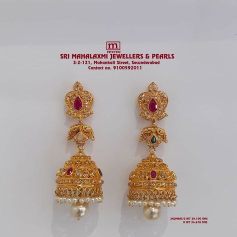 Gold Jumki With Pearl, Uncut Buttalu Gold, Uncut Earrings Gold, Long Buttalu Earrings Gold, Light Weight Gold Buttalu, Gold Jhumka Designs Indian Weddings, Gold Jumkas Design, Pusthela Thadu, Gold Jumkas