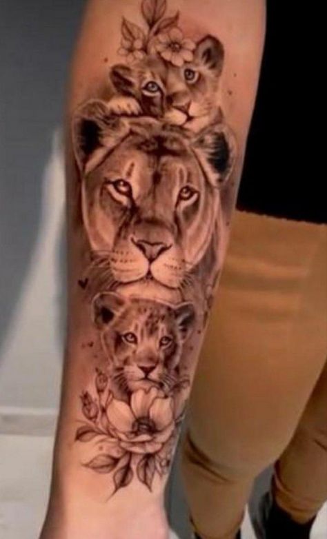 Forarm lioness and two cubs tattoo Lioness And Cubs Tattoo For Women, Lioness Tattoo For Women, Tattoo Brazo Mujer, Lioness And Cub Tattoo, Lioness Tattoo Design, Female Lion Tattoo, Tattoo Designs With Meaning, Meaning Art, Designs With Meaning