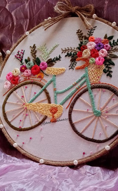 Diy Embroidery Art, Bicycle With Flowers, Line Tattoo Ideas, Embroidery Hoop Art Diy, Simple Hand Embroidery Patterns, Diy Embroidery Designs, Hand Embroidery Patterns Flowers, Hand Embroidery Videos, Line Tattoo