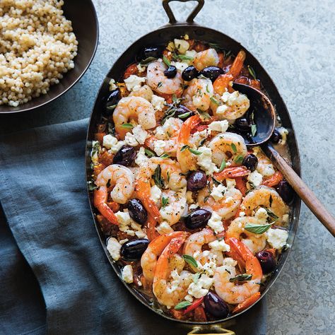 This colorful Mediterranean shrimp recipe brims with the flavors of feta, olives… Shrimp Recipes Oven, Mediterranean Shrimp Recipes, Shrimp With Feta, Mediterranean Shrimp Recipe, Mediterranean Shrimp, Oregano Recipes, Louisiana Kitchen, Mediterranean Diet Plan, Sliced Baguette