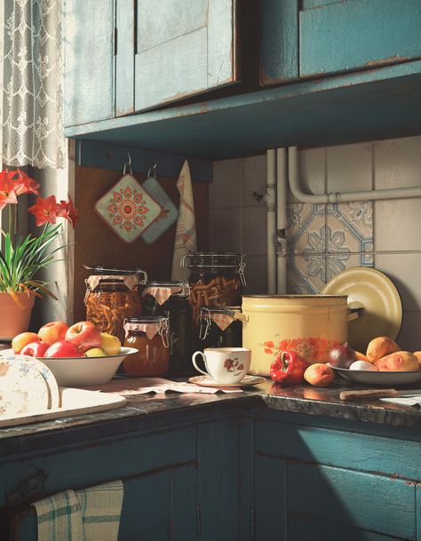 Vintage Boho Kitchen, Arch Viz, Rustic Eclectic, Russian Aesthetic, Neutral Bohemian, Bohemian Kitchen, Kitchen Corner, Boho Kitchen, Slow Living