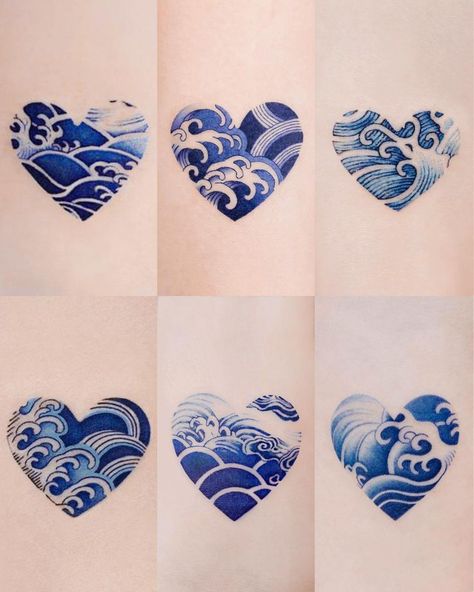 Sea Heart Tattoo, Wave Heart Tattoo Simple, Heart Water Tattoo, Heart Of The Ocean Tattoo, Heart Waves Tattoo, Blue Heart Tattoo Ideas, Blue Heart Tattoo, Ocean Heart Tattoo, Small Wave Heart Tattoo