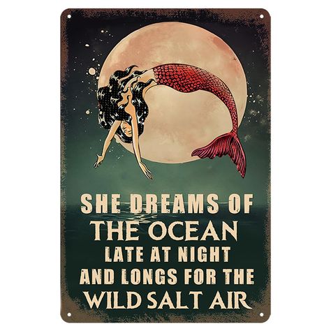 PRICES MAY VARY. Environmentally Friendly and Durable: Mermaid metal tin sign measure 8x12 inch, thickened design, rounded corners, can be used indoors and outdoors, and will never rust and fade. Interesting Gift: Mermaid wall art decor printed: "SHE DREAMS OF THE OCEAN". A truly original and unique gift filled with your sincere love that will bring a smile to everyone's face. Easy to Hang: Pre-drilled 4 holes for easy hanging. Ocean lover gifts can not only be used as wall hanging decorations i Bathroom Decor Vintage, Mermaid Moon, Mermaid Poster, Poster Beach, Mermaid Wall Art, Wall Art Decor Prints, Mermaid Lover, Moon Wall Art, Vintage Mermaid