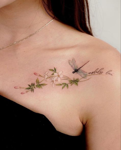 Flower Tattoos With Dragonfly, Lulu Tattoo, Dragon Fly Tattoo Designs, Gentle Tattoo, Tattoo Bunt, Small Dragonfly Tattoo, Full Chest Tattoos, Dragonfly Tattoo Design, Tasteful Tattoos