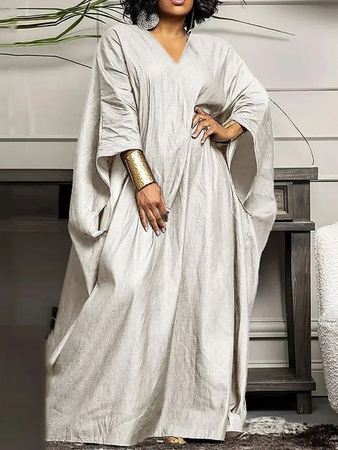 Solid Color Batwing Sleeves Long Sleeves V-Neck Maxi Dresses Latest Kaftan Designs, African Kaftan Dress, Kaftan Style Dresses, Kaftan Design, Linen Style Fashion, Kimono Sleeve Dress, Plus Size Casual Dress, Tencel Denim, Kaftan Designs