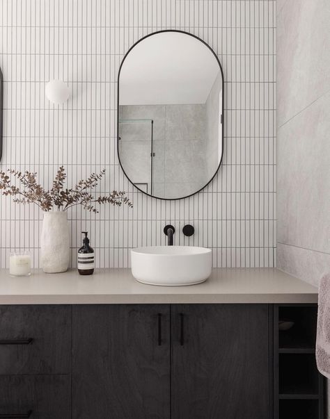 ✨ 🤍 Bathroom Elevation🤍✨ Our popular Kit Kat tiles are in stock and available for order. They transform spaces into sophisticated and modern sanctuaries.  A stunning bathroom designed by @taurodesigns using our tiles.😍 🔎 Shop Online! RAB0043 Bathrooms 2024, Pill Mirror, Black Wall Mirror, Scandinavian Bathroom, Leaner Mirror, Free Mirror, Front Face, Bathroom Inspo, Oval Mirror