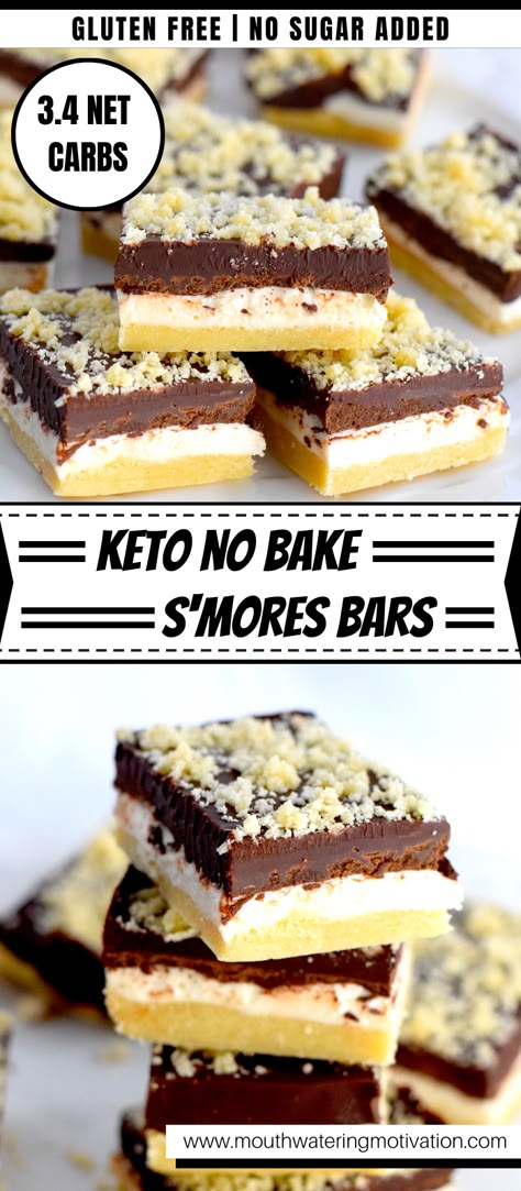 Keto No Bake S'mores Bars | Mouthwatering Motivation Keto Bake Sale Ideas, Keto Smores Dessert, Easy Keto Sweets No Bake, Low Carb Smores, Keto Smores, Keto Smores Bars, Keto No Bake Desserts, Keto Dessert Easy 3 Ingredients No Bake, Low Cal Smores