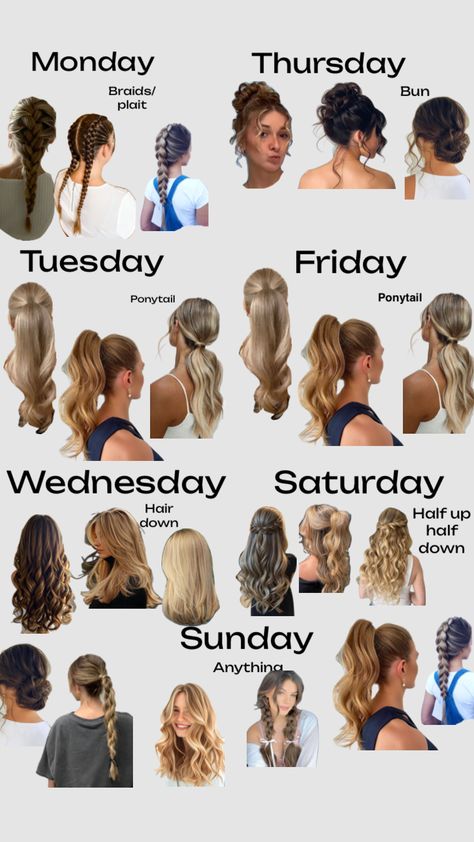 Hairstyles for every day of the week. #hairstyles #slay #schoolhairstyles Hairstyles For School Wavy Hair, Easy School Hair, Weekly Hairstyles, Hairstyles For The Week, Hair Styles Dyed, Week Hairstyles, Hair Inspo Summer, Cute Messy Hairstyles, Face Framing Hair