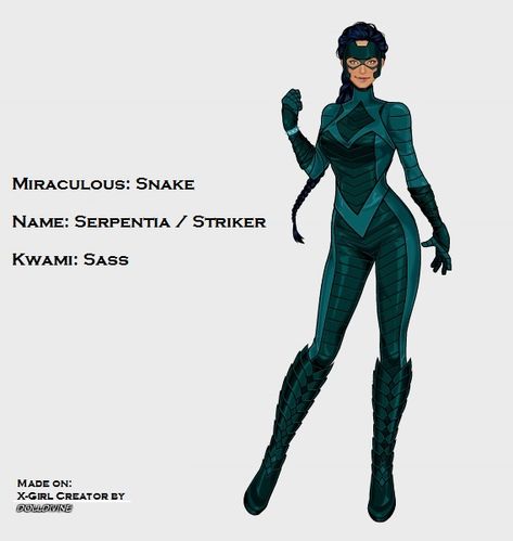 Miraculous OC — Serpentia ~ Snake Snake Miraculous Redesign, Snake Superhero Oc, Miraculous Suit Design, Snake Miraculous Oc, Miraculous Costume Ideas, Snake Inspired Outfits, Snake Superhero, Miraculous Oc Girl, Snake Miraculous