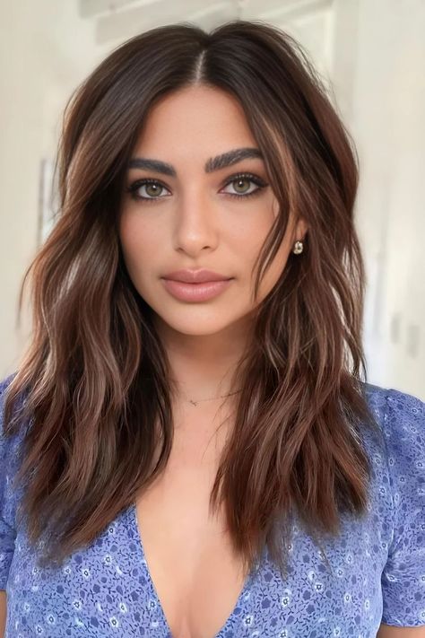 Wavy Brunette Mid Bob Thick Hair, Shoulder Length Hair Ash Brown, Mid Length Hair With Movement, Women’s Mid Length Haircut, Hair Styles For Medium Length Brown Hair, Midi Bob Haircut Mid Length, Mid Length Mom Haircuts, Medium Length Haircut With No Layers, Long Bob Hairstyles For Thick Hair Shoulder Length Wavy Lob