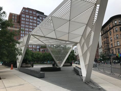 Triangle Urban Design, Triangle Pavilion, Triangle Landscape Design, Gathering Space Architecture, Triangular Architecture, Streetscape Design, Plaza Design, Canopy Architecture, Balcony Grill Design