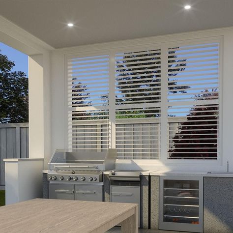 Aluminium Shutters, Shutter Ideas, Kitchen Shutters, Bbq Shed, Outdoor Living Kitchen, Outdoor Shutters, Small Outdoor Kitchens, Covered Patio Design, Screened Porch Designs