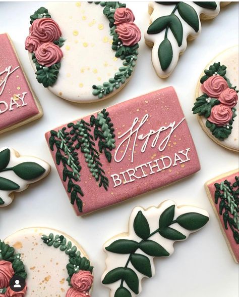 Cookies For Women Birthday, Birthday Cookies Royal Icing Women, Plant Themed Cookies, Birthday Cookies Aesthetic, Floral Birthday Cookies Decorated, Plant Cookies Decorated, Royal Icing Cookies Birthday, Plant Sugar Cookies, Birthday Sugar Cookies Decorated