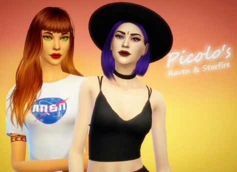 (Picolo's Raven & Starfire) My sims account on Instagram is witchywoman_sims. Sims 4 Teen Titans Cc, Raven Sims 4 Cc, Starfire Dc, Sims 4 Anime, My Sims, Sims 4 Teen, Raven Teen Titans, Sims 4 Dresses, Los Sims