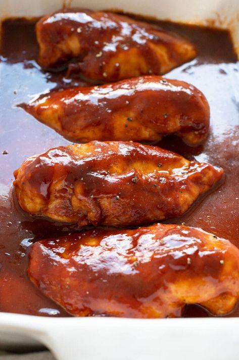 Easy Oven Baked BBQ Chicken Breast Recipe - iFoodReal.com Bbq Chicken Breast Crockpot, Boneless Chicken Breast Oven, Bbq Boneless Chicken Breast, Oven Baked Bbq Chicken Breast, Bbq Sauce Chicken Breast, Oven Bbq Chicken Breast, Crockpot Bbq Pulled Chicken, Baked Bbq Chicken Breast, Baked Barbeque Chicken