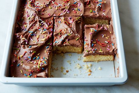 Yellow Sheet Cake With Chocolate Frosting Recipe - NYT Cooking Yellow Sheet Cake, Sour Cream Frosting, Cake With Chocolate Frosting, Yellow Cake Recipe, Chocolate Fudge Frosting, Chocolate Frosting Recipes, Cake Mug, Chocolate Sheet Cake, Fudge Frosting