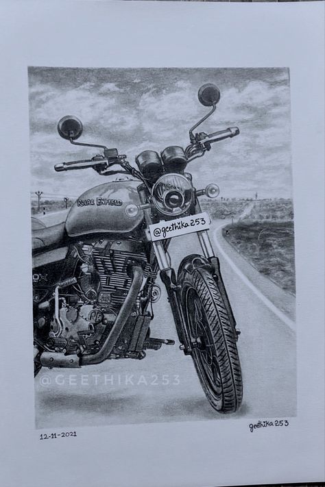 Royal Enfield Pencil Sketch, Royal Enfield Drawing Pencil, Royal Enfield Drawing Sketches, Royal Enfield Sketch, Royal Enfield Drawing, Drawing Bike, Enfield Thunderbird, Colorful Art Paintings, Fruit Art Drawings