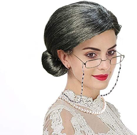 Amazon.com: Old Lady Wigs - Aunt Gertie Grandmother Wig w/Walking Cane,Madea Granny Glasses,Set1: Clothing Granny Halloween Costume, Ruth Bader Ginsburg Costume, Mrs Santa Claus Costume, Granny Wig, Granny Costume, Granny Glasses, Old Lady Costume, Wig Costume, Grey Wig